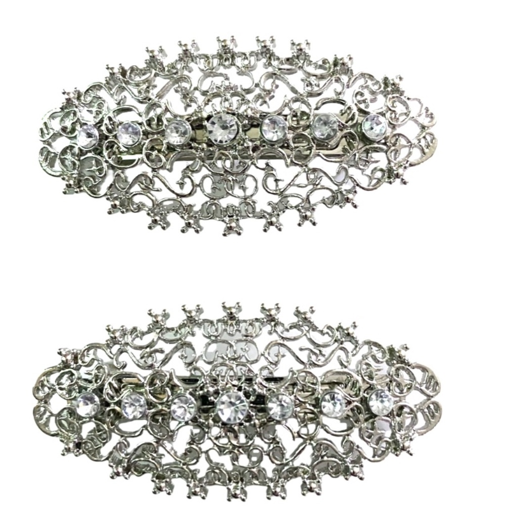 Silver Tone Crystal Barrette Pair